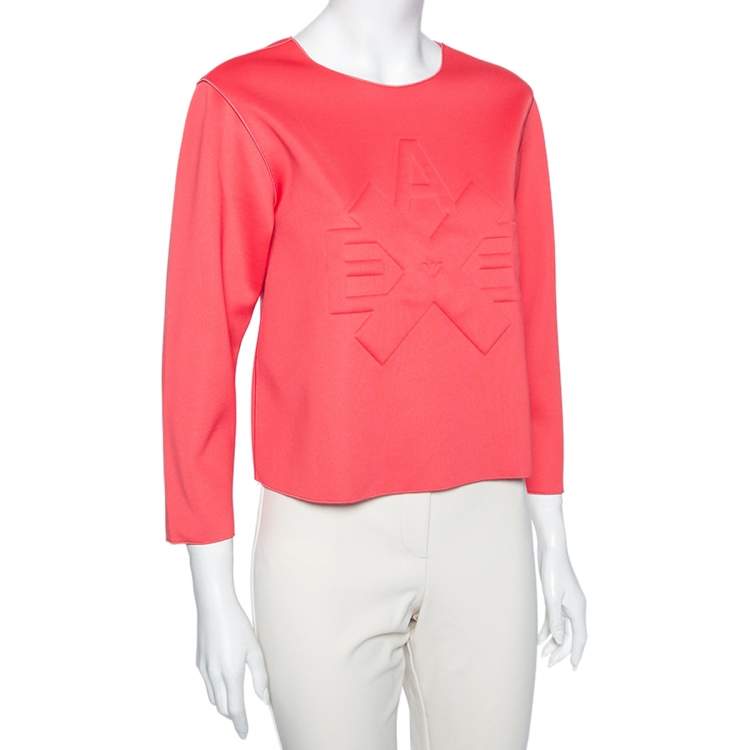 Pre Owned Emporio Armani Pink Jersey Logo Embossed Long Sleeve Top M