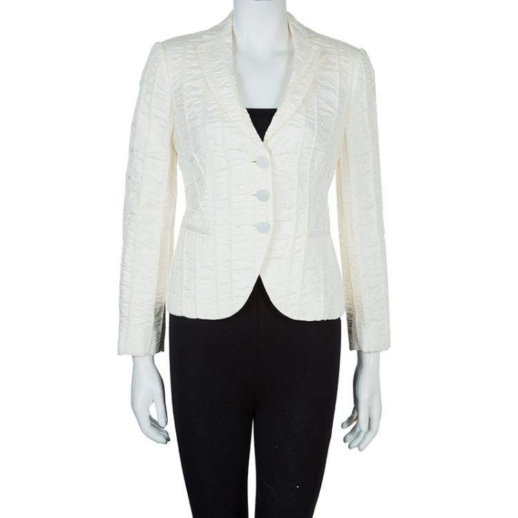 Pre Owned Emporio Armani Cream ZigZag Topstitch Detail Pintucked Blazer M