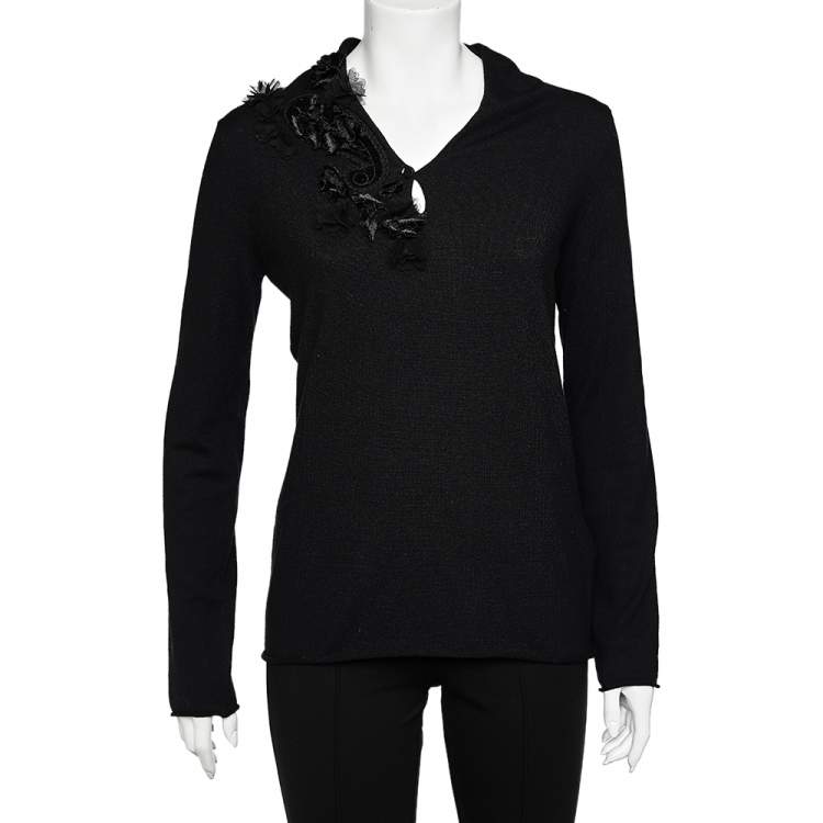 Pre Owned Emporio Armani Black Knit Floral Applique Sweater Top S