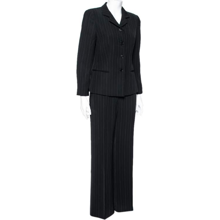 Pre Owned Emporio Armani Black Pinstriped Crepe Single Breasted Suit M