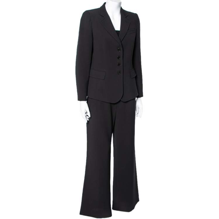 Pre Owned Emporio Armani Black Textured Crepe Padded Shoulder Detail Tailored Suit M