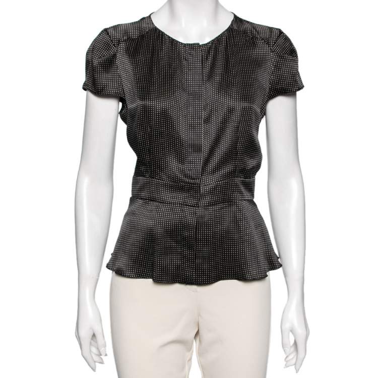 Pre Owned Emporio Armani Black Polka Dot Ruffled Hem Cap Sleeve Blouse L