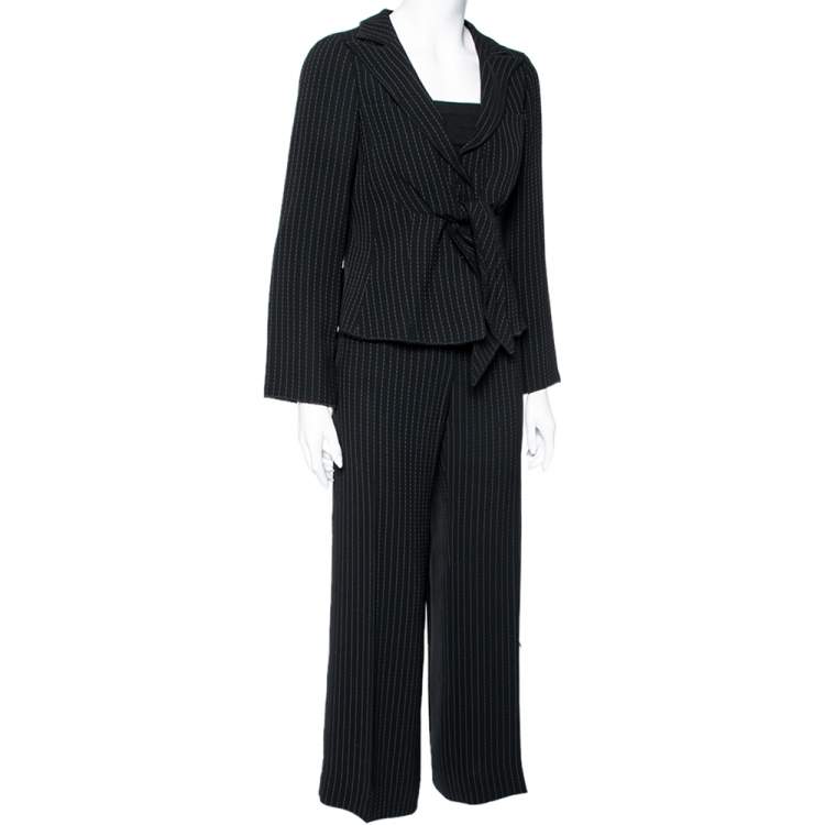 Pre Owned Emporio Armani Black Pinstriped Crepe Front Tie Detail Single Breasted Suit M