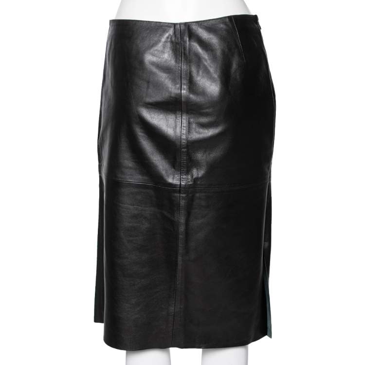 Pre Owned Emporio Armani Vintage Black Leather Knee Length Skirt M