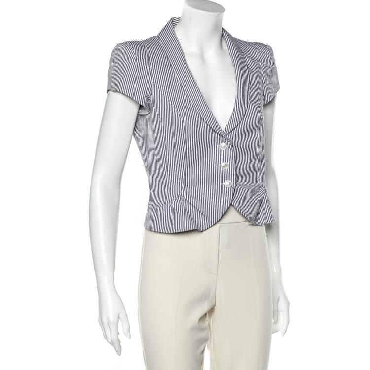 Pre Owned Emporio Armani Blue & White Striped Cotton Cropped Blazer M