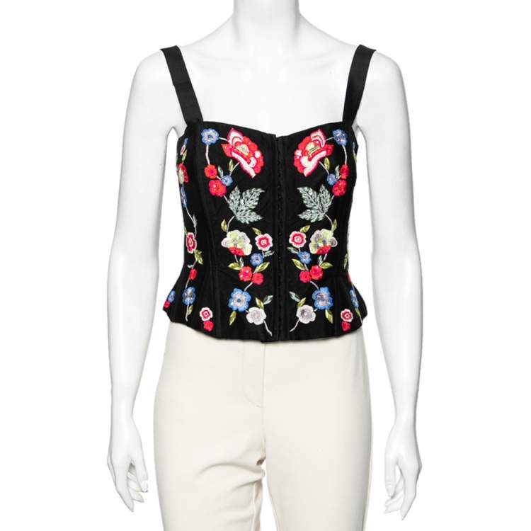 Pre Owned Emporio Armani Black Floral Sequin Embroidered Crepe Corset S