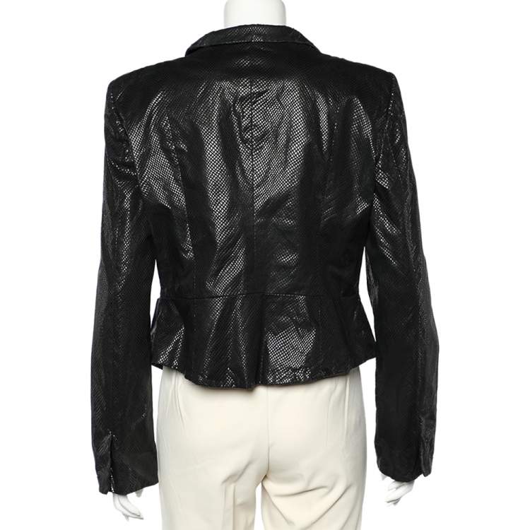 Pre Owned Emporio Armani Black Textured Cotton Zip Front Jacket L