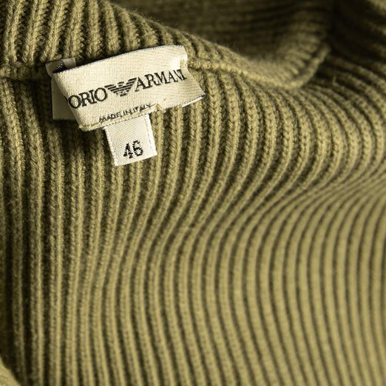 Pre Owned Emporio Armani Olive Green Rib Knit Zip Front Long Sleeve Jacket L