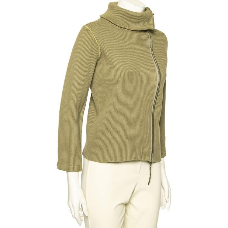 Pre Owned Emporio Armani Olive Green Rib Knit Zip Front Long Sleeve Jacket L