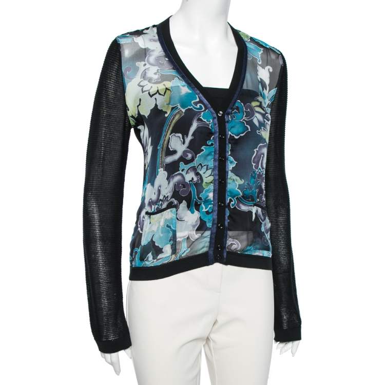 Pre Owned Emporio Armani Black & Blue Printed Silk Paneled Knit Cardigan M