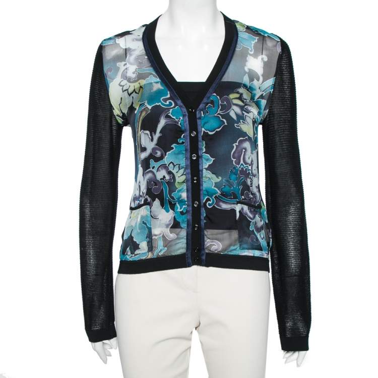 Pre Owned Emporio Armani Black & Blue Printed Silk Paneled Knit Cardigan M