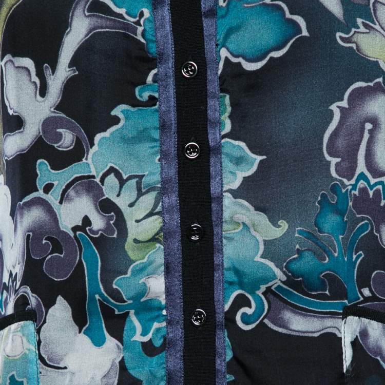 Pre Owned Emporio Armani Black & Blue Printed Silk Paneled Knit Cardigan M