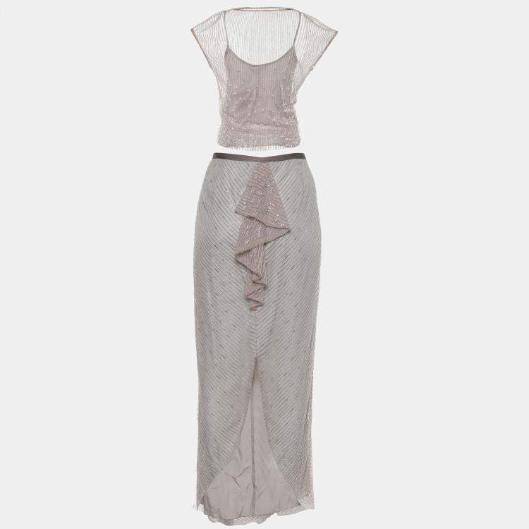 Pre Owned Emporio Armani Dusky Pink Bead Embellished Tulle Top & Midi Skirt Set M
