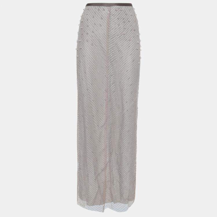 Pre Owned Emporio Armani Dusky Pink Bead Embellished Tulle Top & Midi Skirt Set M