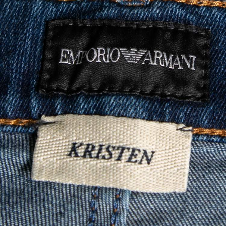Pre Owned Emporio Armani Blue Denim Floral Embroidered Jeans S
