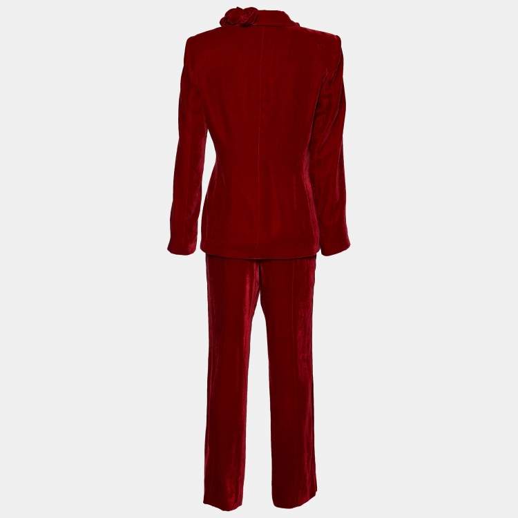 Pre Owned Emporio Armani Red Velvet Rose Appliqued Jacket & Pant Set M