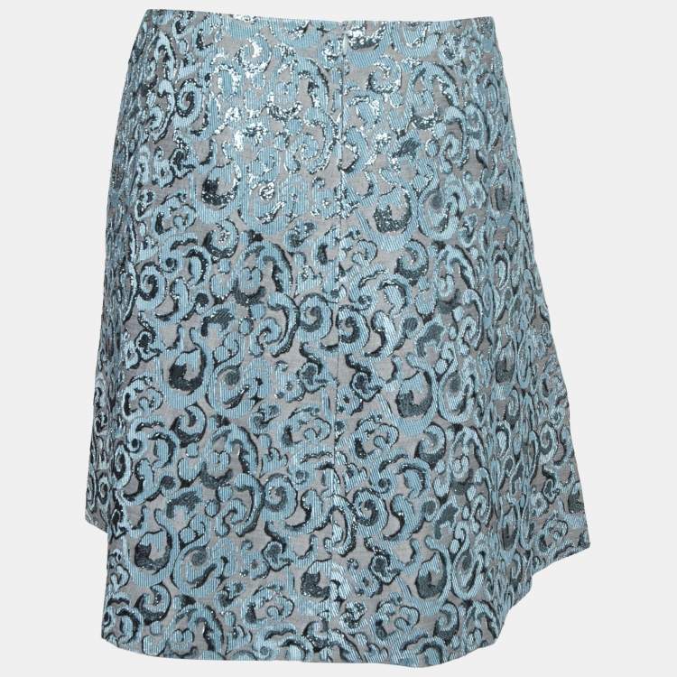 Pre Owned Emporio Armani Blue Brocade Pleat Detail Short Skirt S