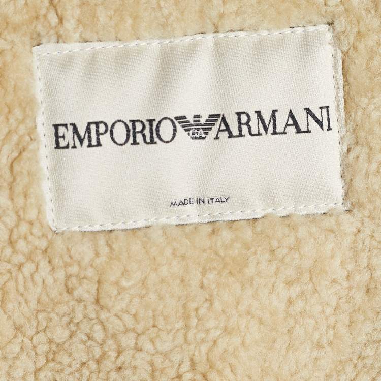 Pre Owned Emporio Armani Vintage Cream & Brown Embossed Leather Shearling Lined Coat XL