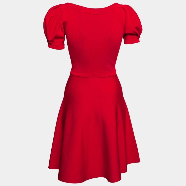 Pre Owned Emporio Armani Red Knit Puff Sleeve Flared Dress S