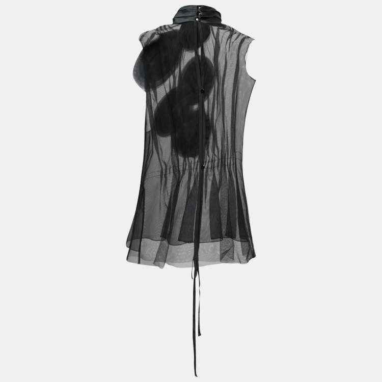 مملوكة مسبقًا Emporio Armani Black Tulle Floral Appliqued Gathered Waist Top M