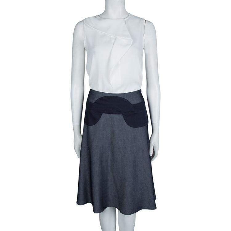Pre Owned Emporio Armani Indigo Contrast Waist Panel Detail A-line Skirt M