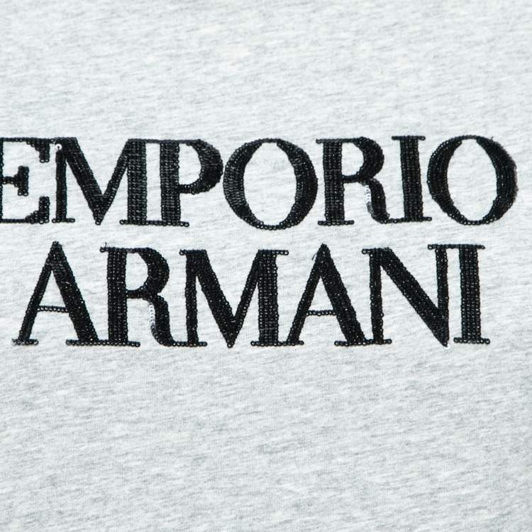 Pre Owned Emporio Armani Grey Stretch Cotton Logo Embellished T-Shirt M