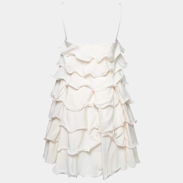 Pre Owned Emporio Armani Cream Silk Ruffled Tiered Sleeveless Mini Dress M