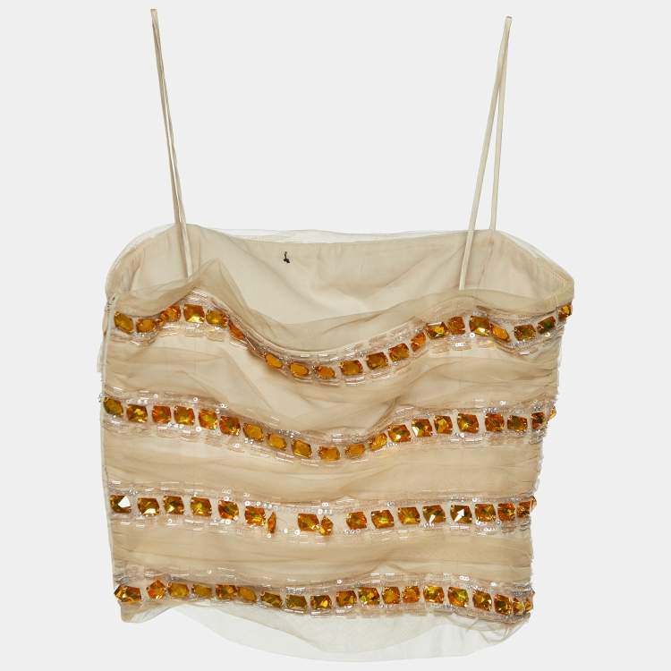 Pre Owned Emporio Armani Beige Mesh Embellished Crop Top M