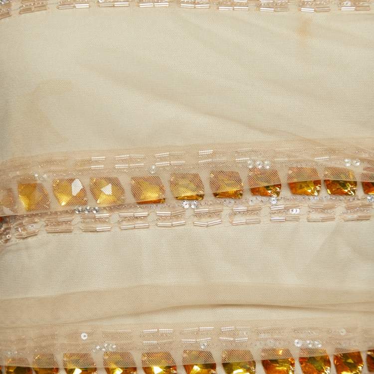 Pre Owned Emporio Armani Beige Mesh Embellished Crop Top M