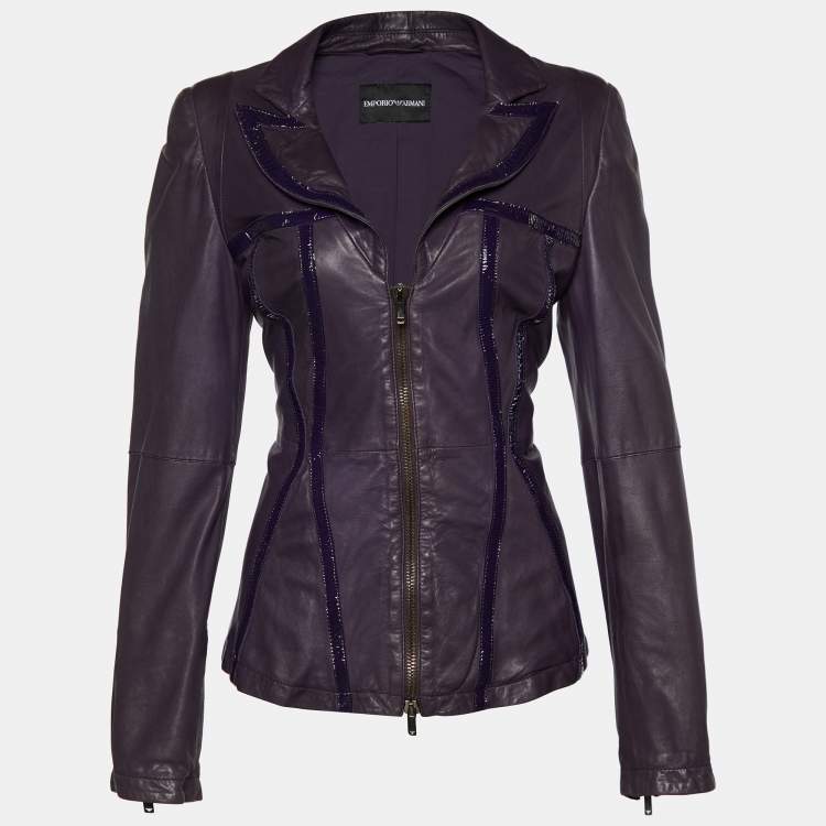 Emporio Armani Purple Leather Zip Front Jacket M TLC