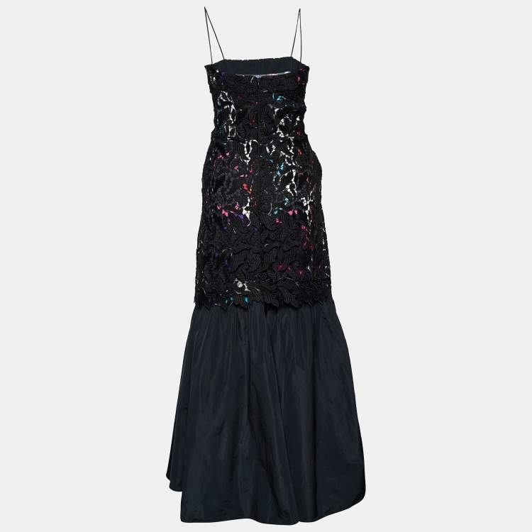 Pre Owned Emporio Armani Black Printed Satin & Lace Overlay Maxi Dress M