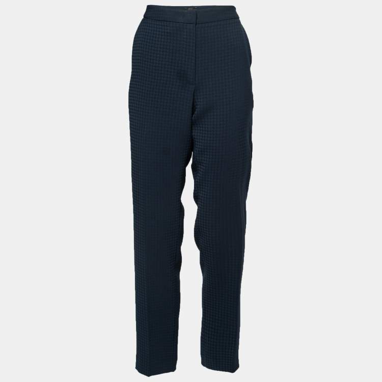 Pre Owned Emporio Armani Navy Blue Textured Crepe Trousers L  