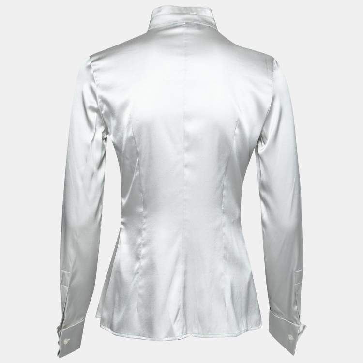 Pre Owned Emporio Armani Light Grey Silk Pleated Concealed-Button Shirt S  