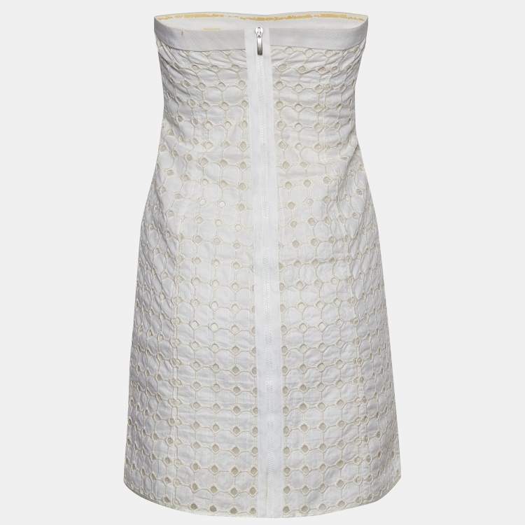 Pre Owned Emporio Armani White Embroidered Cutwork Cotton Strapless Mini Dress S