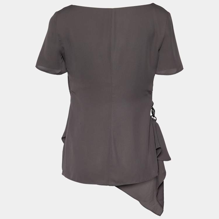 Pre Owned Emporio Armani Dark Grey Crepe Draped Detail Blouse S
