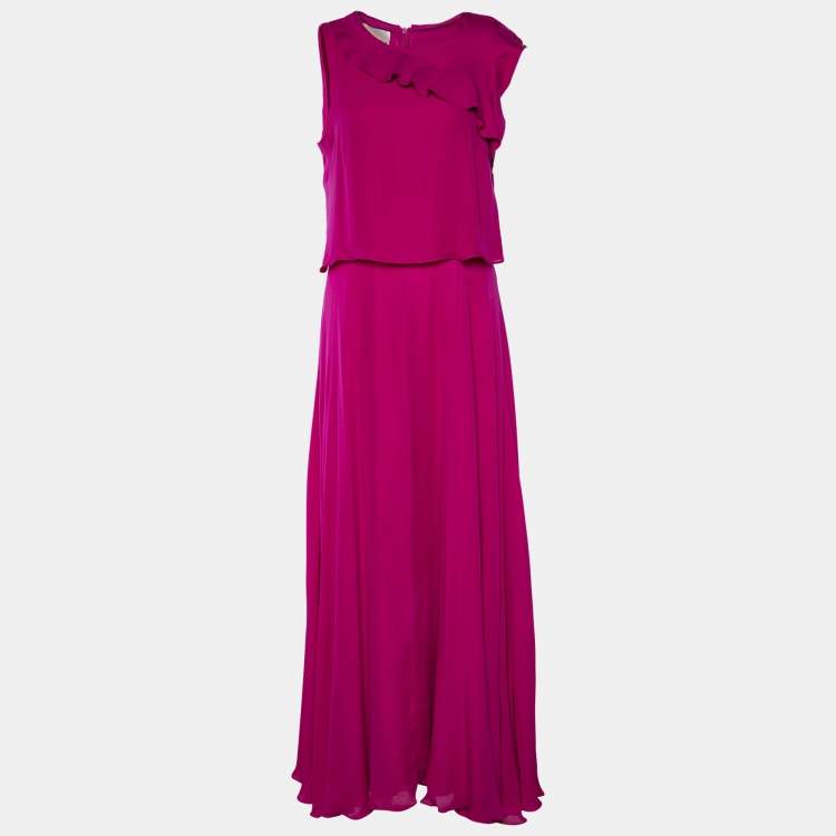 Pre Owned Emporio Armani Purple Silk Ruffle Overlay Detail Sleeveless Maxi Dress M