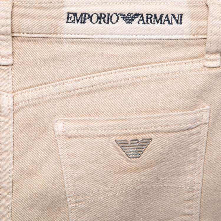 Pre Owned Emporio Armani Beige Denim Logo Embroidered Skinny Jeans Waist 29"