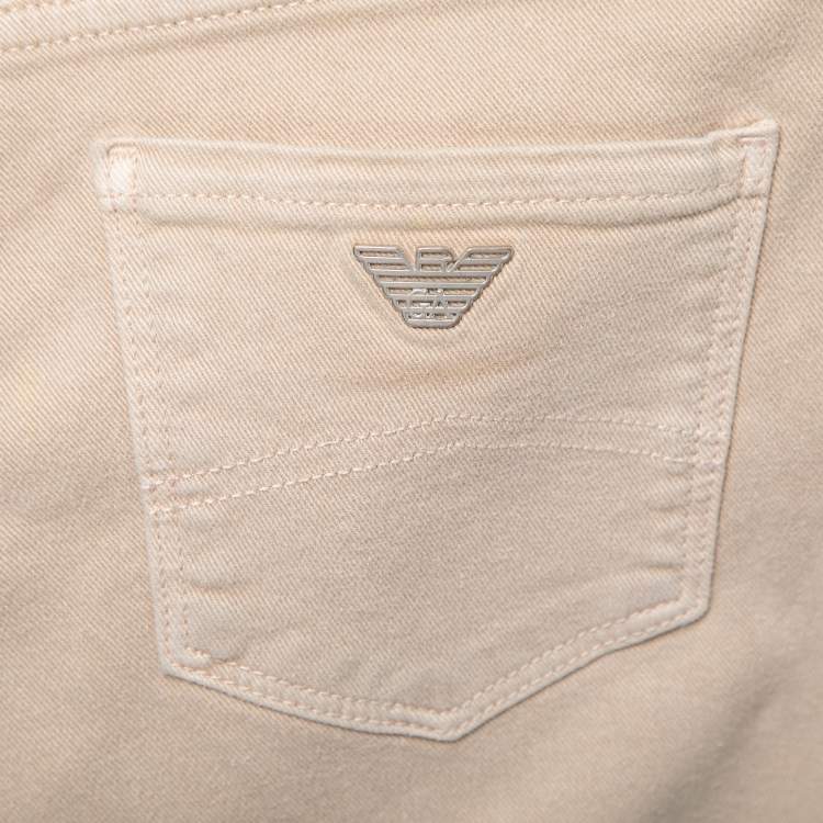 Pre Owned Emporio Armani Beige Denim Logo Embroidered Skinny Jeans Waist 29"
