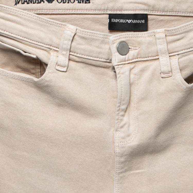 Pre Owned Emporio Armani Beige Denim Logo Embroidered Skinny Jeans Waist 29"