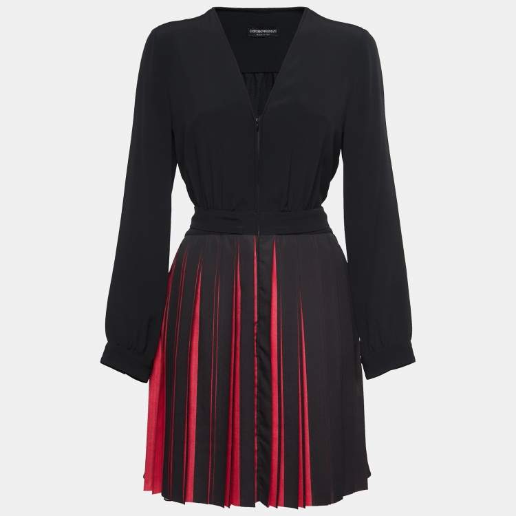Pre Owned Emporio Armani Black/Red Crepe Pleated A Line Dress M
