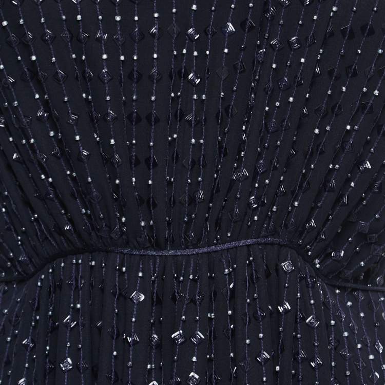 Pre Owned Emporio Armani Dark Blue Silk Embellished Sleeveless Dress S