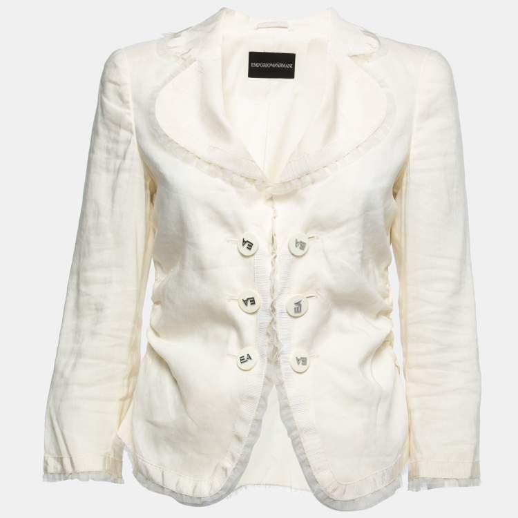 Pre Owned Emporio Armani Vintage Cream Cotton Blend Ruched Detail Blazer M