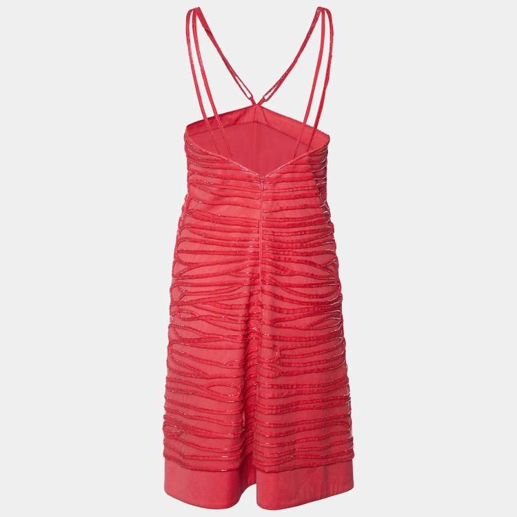 Pre Owned Emporio Armani Pink Embellished tulle Strap Sleeve Mini Dress M