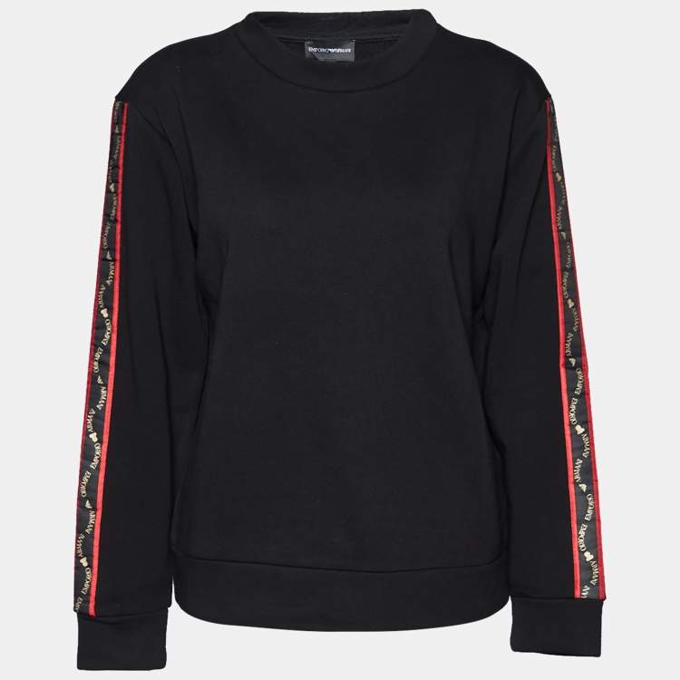 Pre Owned Emporio Armani Black Cotton Knit LogoTrim Detail Round Neck Sweater S