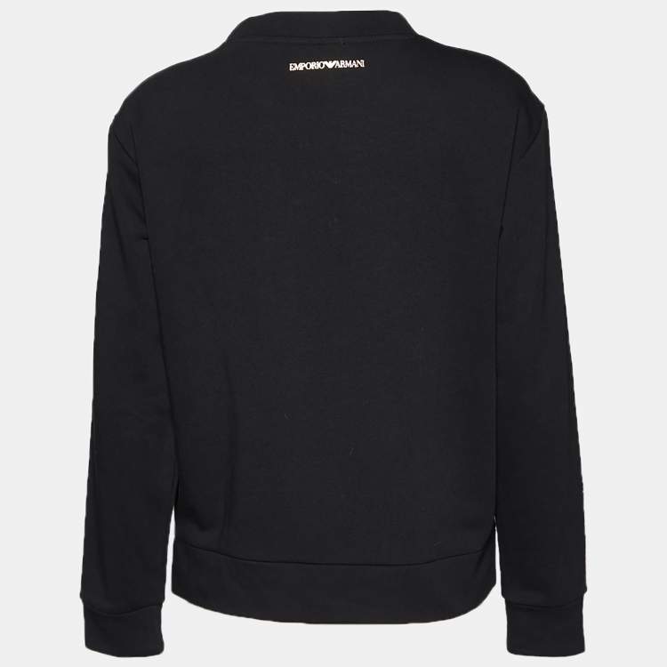 Pre Owned Emporio Armani Black Cotton Knit LogoTrim Detail Round Neck Sweater S