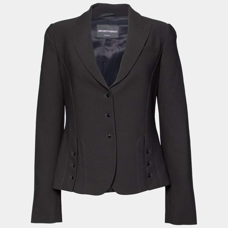 Pre Owned Emporio Armani Black Textured Crepe Button Front Blazer S 