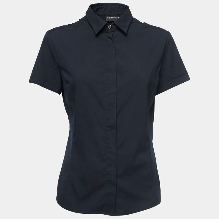 Pre Owned Emporio Armani Midnight Blue Cotton Short Sleeve Shirt L