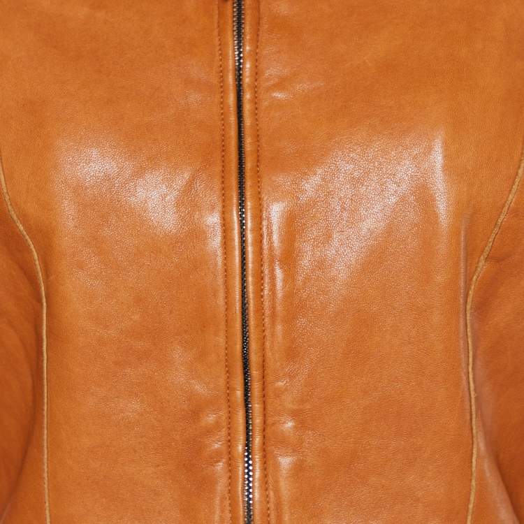 Pre Owned Emporio Armani Brown Leather Zip Front Jacket S