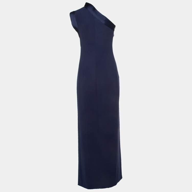 Pre Owned Emporio Armani Navy Blue Crepe One Shoulder Maxi Dress M