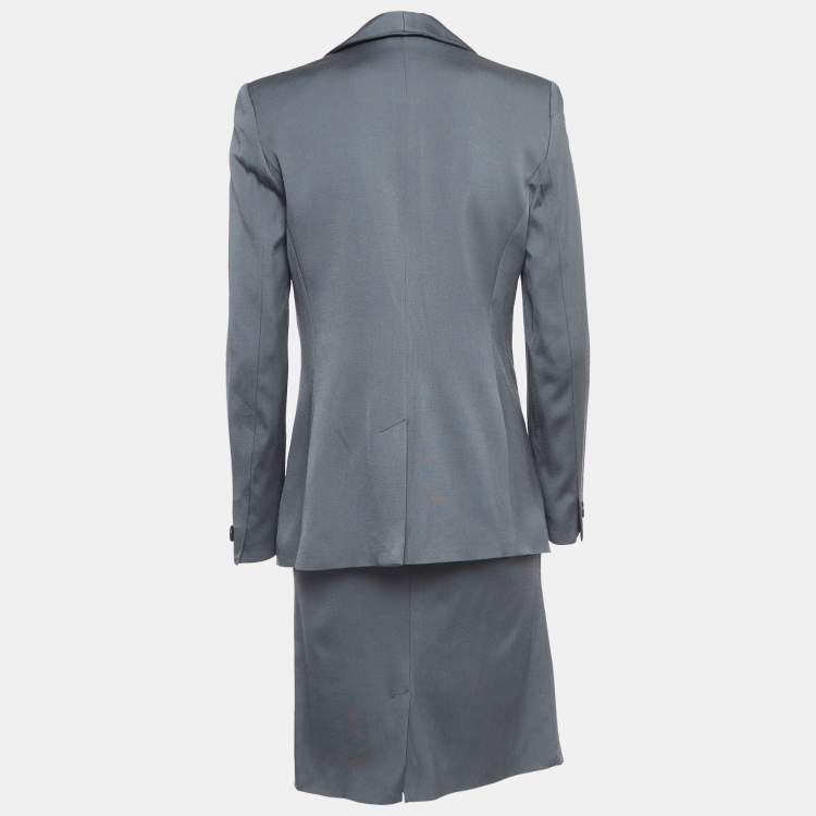 Pre Owned Emporio Armani Grey Crepe Blazer Skirt Suit M/L
